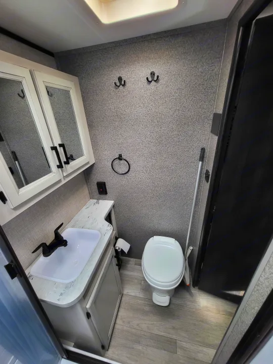 Bright RV rental bathroom with a toilet, sink, vanity, patterned wall, and wood-look floor, maximizing small space.. Jayco Jay Feather Micro 2022