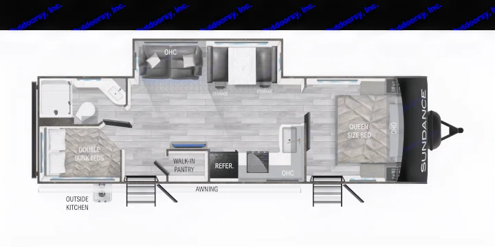 Detailed RV rental floor plan: Queen bed, double bunk beds, full kitchen, bath, living area, and outdoor amenities.. Heartland RVs Sundance Ultra Lite 2022