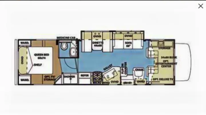 RV rental floor plan shows interior layout: queen bed (60x74), dinette, sofa, kitchen (galley), shower, and storage options.. Forest River Sunseeker 2012