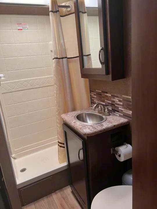 Compact RV rental bathroom featuring a sink vanity, toilet, and shower with curtain, perfect for travel comfort.. Thor Freedom Elite 2020