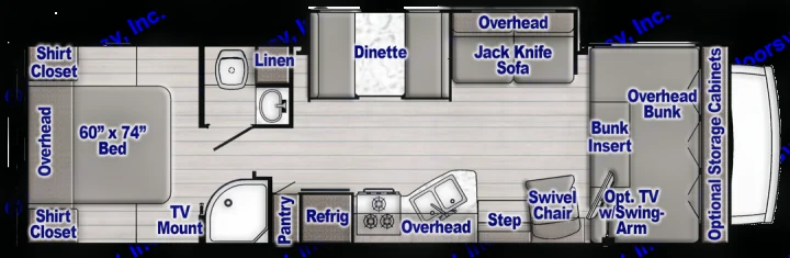 RV rental floor plan showcasing a spacious layout with a 60"x74" bed, bath, kitchen, dinette, sofa, and bunk beds.. Gulf Stream Conquest 2017