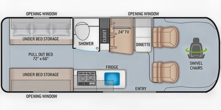 Explore this RV rental floor plan: pull-out bed (72"x66"), shower, kitchen, dinette, and swivel chairs for your journey.. Thor Sequence 2022