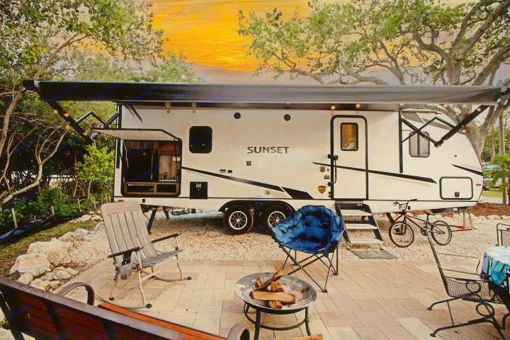 Relaxing sunset at an RV rental campsite with a travel trailer, chairs, and fire pit ready for a cozy evening.. Crossroads RV Sunset Trail Super Lite 2022
