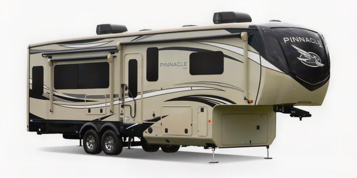Explore luxury RV rental with this beige and black Jayco Pinnacle fifth-wheel recreational vehicle.. Jayco Pinnacle 2022