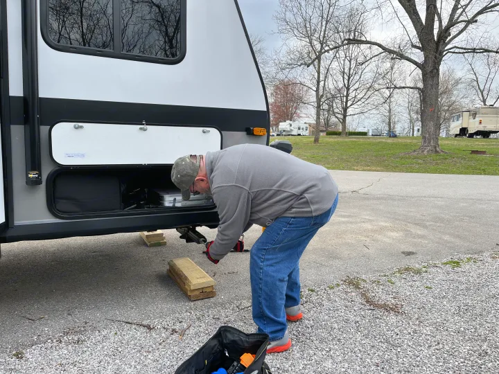 Wood blocks available to level at the campsite. Jayco Jay Flight SLX STX Edition 2022