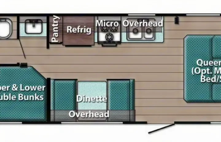 RV rental floor plan: Kitchen (fridge, micro, sink), bathroom, dinette, bunks, and queen bed layout.. Gulf Stream Ameri-Lite 2022