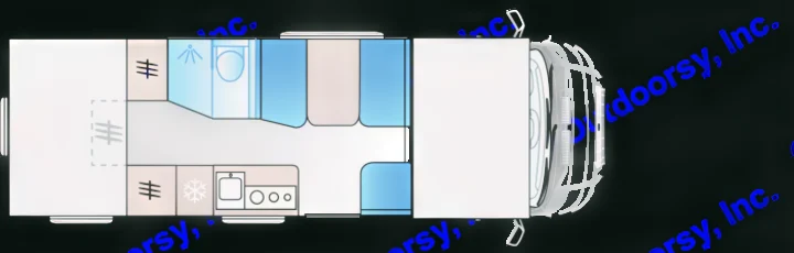This RV rental floor plan displays the interior: front cabin, kitchen (fridge, stove), bathroom (shower, toilet), and rear seating/bed.. SunLiving A 75 DP 23 2023