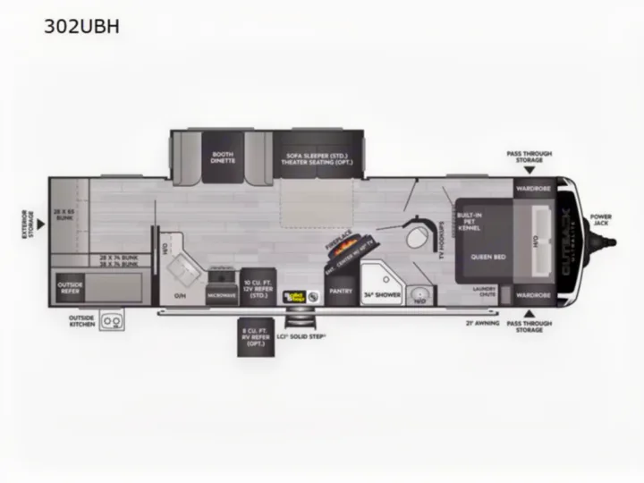 RV rental 302UBH floor plan: detailed interior layout with bunk beds, queen bed, kitchen, and storage areas.. Keystone RV Outback Ultra-Lite 2021
