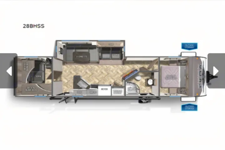 This travel trailer RV rental floor plan shows the 28BHSS model: bunk beds, kitchen, dinette, bath, queen bed layout.. Forest River Palomino Puma 2023