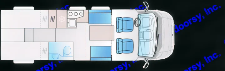 Top-down RV rental floor plan: Visual layout of a campervan, showcasing cockpit, kitchen, bathroom, dining, and sleeping areas.. SunLiving S 72 DL 2023