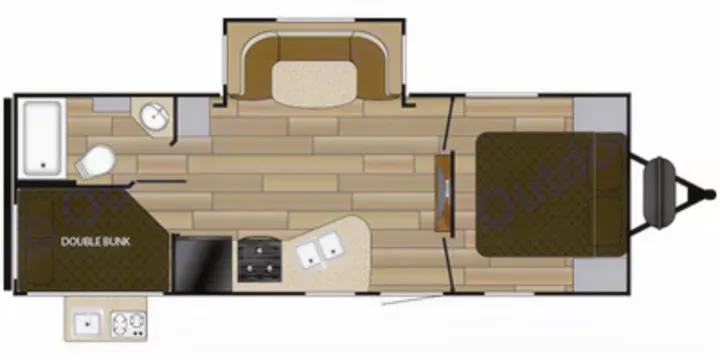 RV rental travel trailer floor plan: master bedroom, double bunks, full bath, kitchen, and dinette. Perfect family RV.. Cruiser RV MPG Ultra Lite 2017