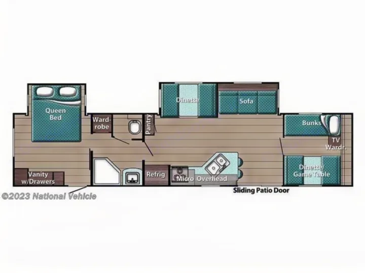 Detailed RV rental floor plan showing a functional layout with queen bed, kitchen, bath, dinette, sofa, and bunks.. Gulf Stream Innsbruck 2023
