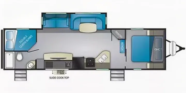 RV rental: Detailed travel trailer floor plan featuring a main bedroom, double queen bunks, kitchen, living area, & bathroom.. Heartland RVs Mallard 2019