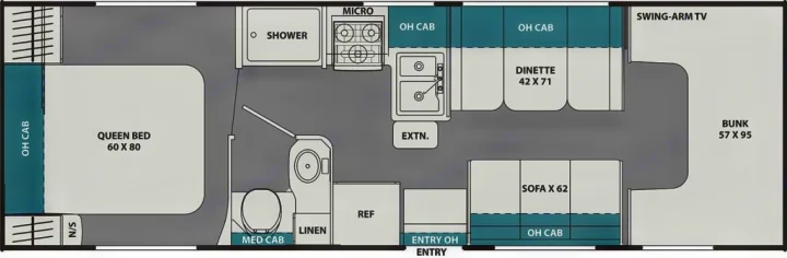 RV rental floor plan: Queen bed, bunk, dinette, kitchen, bath, & sofa. See this motorhome's spacious layout.. Coachmen Leprechaun 2016