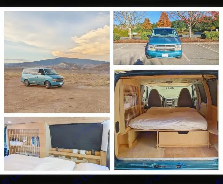 This blue converted van for RV rental offers a glimpse of its exterior in scenic spots & custom interior with bed and storage.. Chevrolet Other 1996