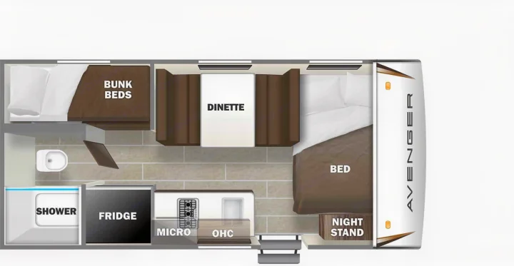 RV rental floor plan: bunk beds, dinette, bed, shower, fridge, kitchen. Visualize your next adventure!. Avenger LT 2022