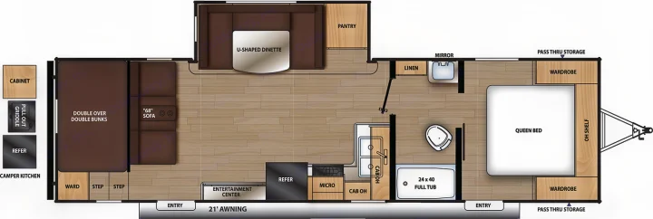 This RV rental floor plan shows a spacious interior layout with a queen bed, double bunks, kitchen, dinette, and sofa.. Coachmen Summit series 2023
