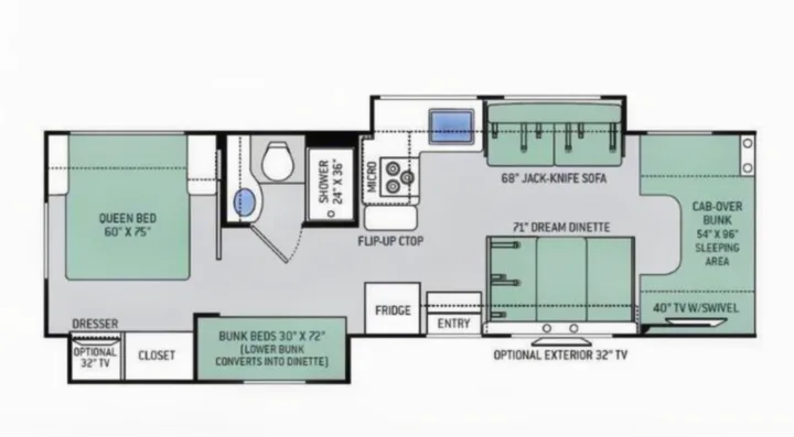 RV rental floor plan: Queen bed, shower, kitchen, dinette, sofa, and multiple bunk beds including cab-over area.. Thor Chateau 2017
