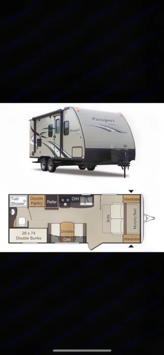 This RV rental shows a travel trailer & its detailed floor plan, featuring bunks, dinette, and a Murphy bed.. Keystone Passport 2017