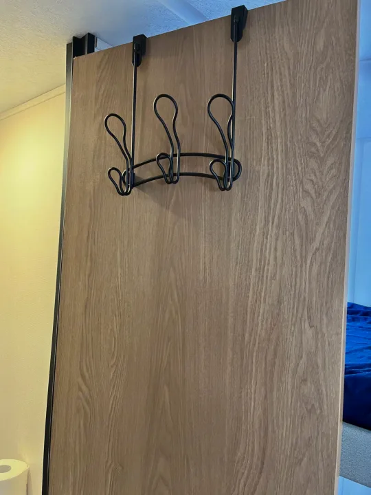 RV rental interior: A light wood-grain door features an over-the-door hanger with three black hooks for efficient storage.. Avenger LT 2022