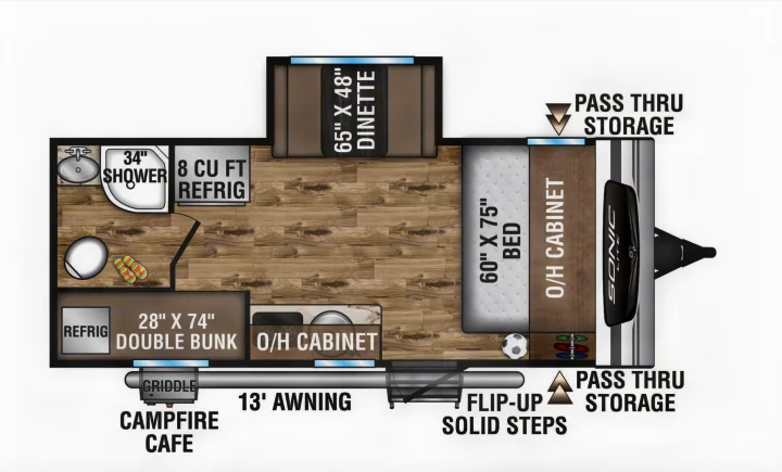 RV rental travel trailer floor plan: Features bed, bunks, dinette, shower, and ample storage for trips.. Venture RV SL169VUD 2023