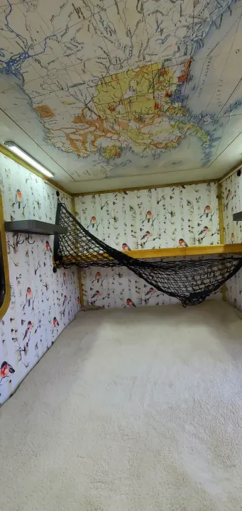 Cozy rv rental interior with a unique map ceiling, birch-patterned walls, a soft bed, and an overhead storage net.. Haulmark Homesteader 2005