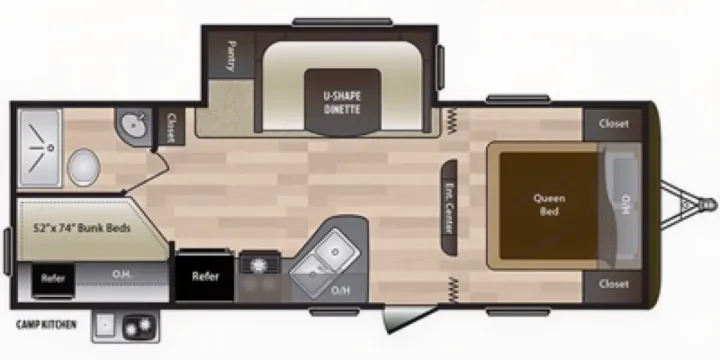 This RV rental floor plan details the interior layout: queen bed, bunk beds (52"x74"), U-dinette, kitchen, bath, and camp kitchen.. Keystone RV Hideout LHS 2019