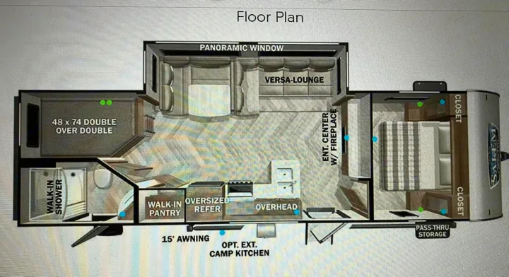 Explore this RV rental's detailed floor plan: bunk beds, Versa-lounge, kitchen, bath, master suite, & external features like awning.. Forest River Salem Cruise Lite 2023