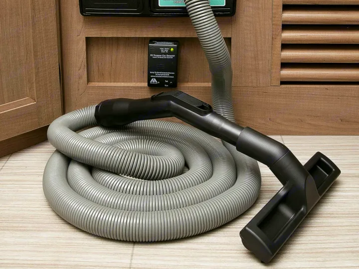 RV rental interior featuring a coiled vacuum hose and a wall-mounted RV Propane Gas Detector for safety.. Keystone RV Hideout LHS 2019