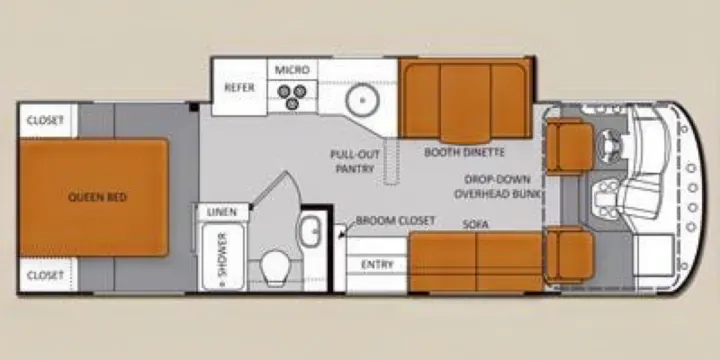 RV rental floor plan: explore the layout with queen bed, kitchen, dinette, bath, and living areas for comfortable travel.. A.C.E. A.C.E. Motorhome 2013