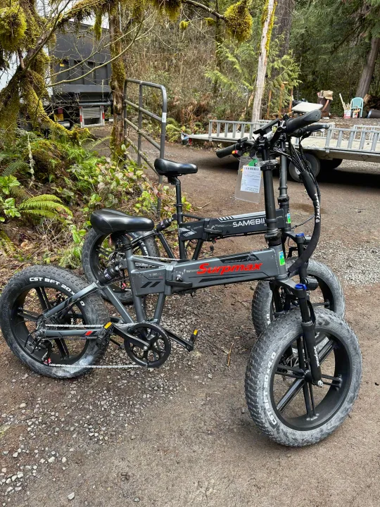 A gray Surpmax electric fat tire trike and e-bike are parked outdoors, with an RV rental in a mossy forest.. Fleetwood Pace Arrow 1997