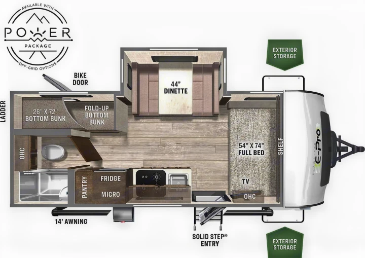 Explore this E-Pro rv rental's interior layout: full bed, dinette, bunks, kitchen, bathroom, and exterior storage features.. Forest River Flagstaff E-Pro 2023
