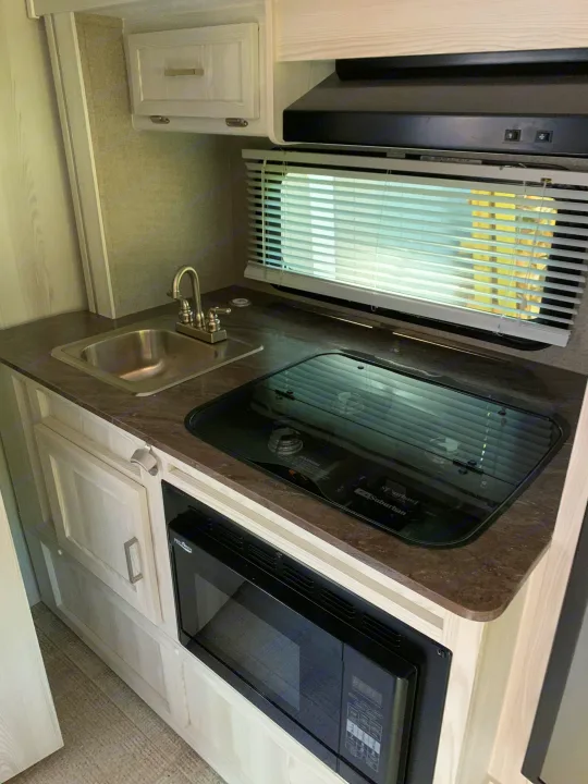 RV rental kitchen featuring a compact counter with a sink, stove, microwave, and overhead cabinet. Ideal for travel.. Forest River Rockwood Geo Pro 2020
