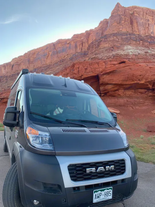Explore red rock landscapes with this RV rental Ram ProMaster van, perfect for pet travel. Colorado plates.. Dodge Ram Promaster 2500 2022
