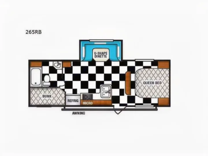 Floor plan of 265RB RV rental, showing queen bed, bunk, kitchen, bath, U-shape dinette.. Riverside Travel Trailer Riverside Travel Trailer Trailer 2018