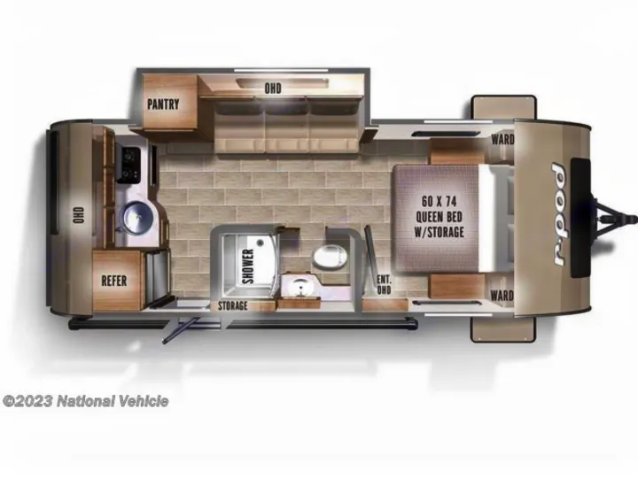 Detailed RV rental floorplan of an r-pod travel trailer, revealing a queen bed, kitchen, and bathroom layout.. Forest River R-Pod 2020