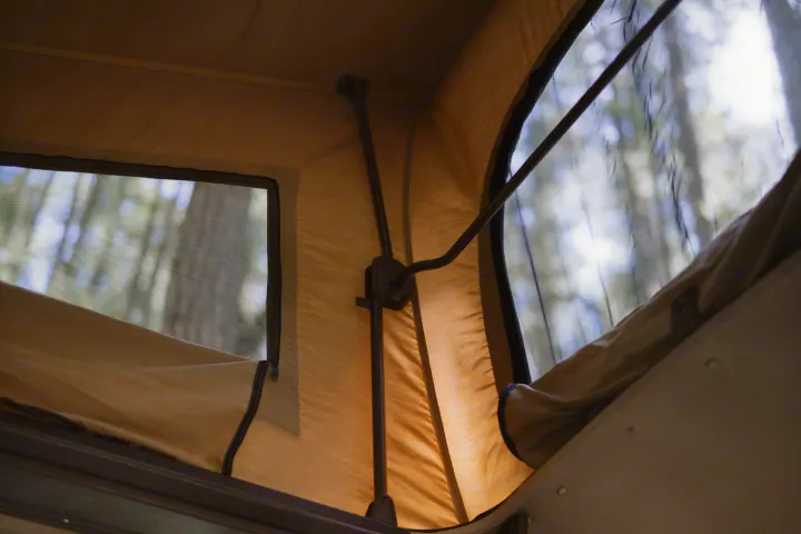 Inside an RV rental pop-top camper: fabric walls & support poles frame mesh windows revealing a vibrant, sun-dappled forest view.. Volkswagen Westfalia 1985