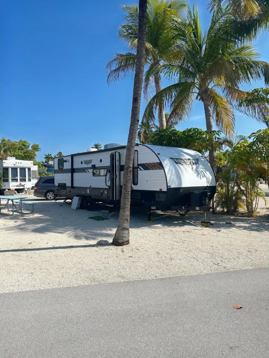 White RV rental parked on a sunny gravel lot under palm trees, ready for your tropical vacation.. Forest River Wildwood X-Lite 2020