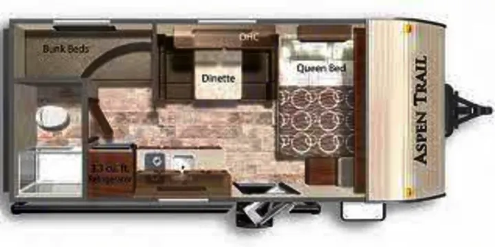 Aspen Trail travel trailer floor plan for rv rental, detailing queen bed, bunks, dinette, kitchen, and bathroom layout.. Aspen Trail 17BH 2021