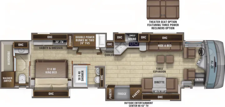 Spacious RV rental floor plan with king bed, double bunks, full kitchen, two baths, and entertainment options.. Entegra Coach Reatta 2021