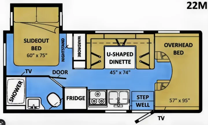 This RV rental floor plan (22M) highlights a slideout bed, U-shaped dinette, kitchen, and bathroom layout.. Winnebago Minnie Winnie 2022