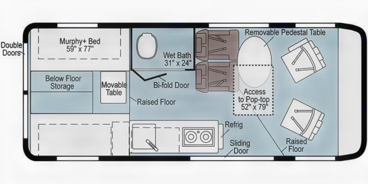 This RV rental floor plan highlights a compact interior with a Murphy bed, wet bath, kitchen, and dining area.. Winnebago Solis 2023