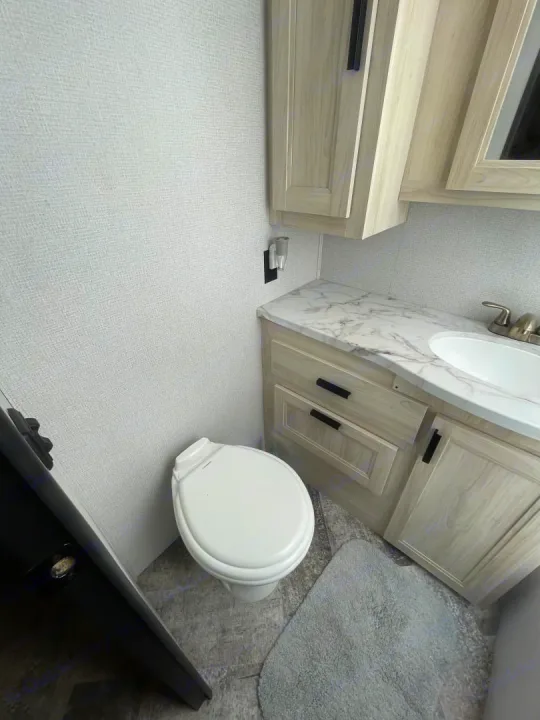 Clean RV rental bathroom interior. Features a compact white toilet, light wood vanity with a sink, and matching overhead cabinets.. Forest River Sunseeker 2021