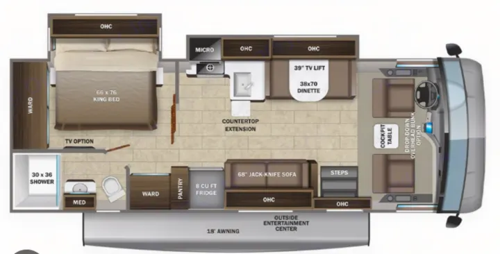 RV rental floor plan: an overhead view of a motorhome interior, detailing a king bed, dinette, sofa, kitchen, bathroom, and cockpit area.. Entegra Coach Vision 2021