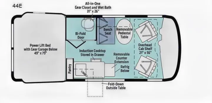 RV rental floor plan 44E: Compact camper layout with rear bed, wet bath, kitchen, dining area, and smart storage options.. Winnebago Revel 2023