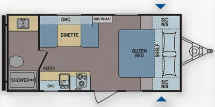 RV rental floor plan: Compact travel trailer interior with queen bed, dinette, kitchen (refer, micro), and full bath (shower, lav).. Dutchmen Coleman Lantern LT 2019