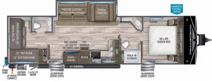 This RV rental floor plan highlights a queen bed, bunk room, kitchen, two bathrooms, living areas, and exterior features.. Grand Design Transcend Xplor 2022