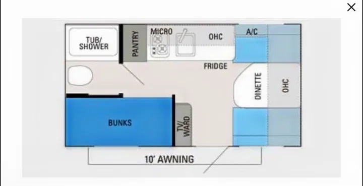 This rv rental floor plan outlines a cozy layout: bathroom, bunks, kitchen, dinette, and 10' awning. Ideal for adventures!. Jayco Jay Flight Swift 154 BH Slx 2013