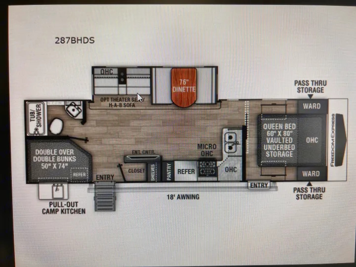 This RV rental floor plan for the 287BHDS model shows a queen bed, bunks, kitchen, bath, dinette, and an 18' awning.. Coachmen freedom express 287bhds 2022