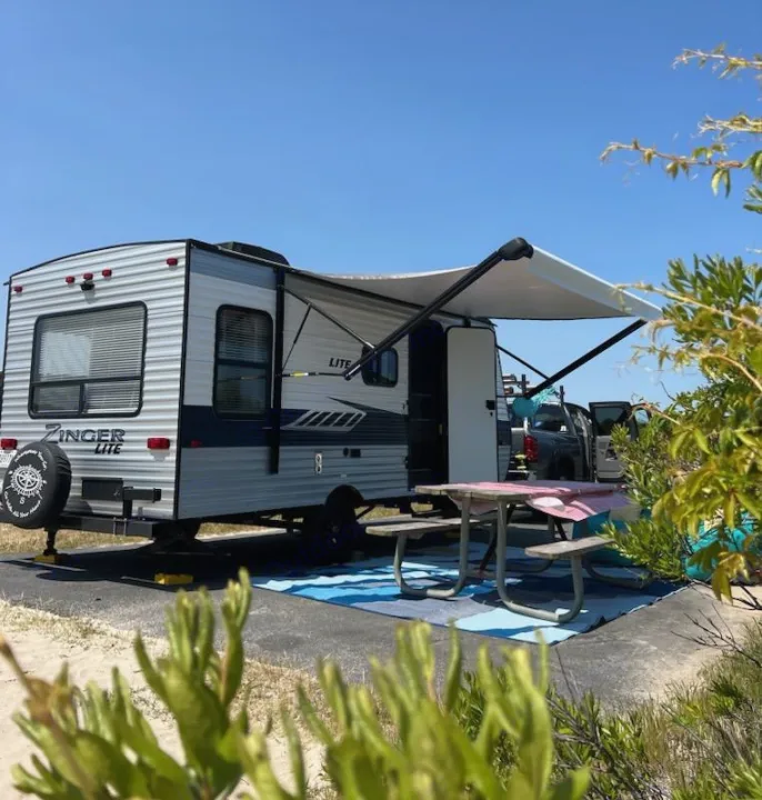 Enjoy this scenic RV rental campsite featuring a grey travel trailer with awning extended, a picnic table on a blue outdoor mat.. Crossroads RV Zinger Lite 2022